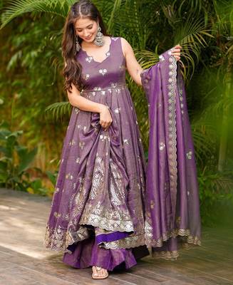 women's crunchy silk sequins embroidered anarkali kurta palazzo with dupatta set 1
