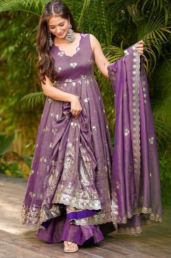 women's crunchy silk sequins embroidered anarkali kurta palazzo with dupatta set
