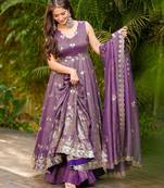 women's crunchy silk sequins embroidered anarkali kurta palazzo with dupatta set