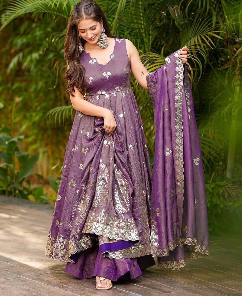 women's crunchy silk sequins embroidered anarkali kurta palazzo with dupatta set