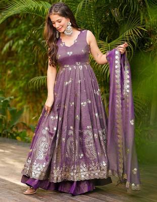 women's crunchy silk sequins embroidered anarkali kurta palazzo with dupatta set 2