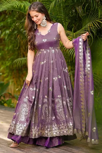 women's crunchy silk sequins embroidered anarkali kurta palazzo with dupatta set