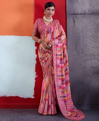Pink color smart cotton crepe fabric beautiful designer printed saree 1