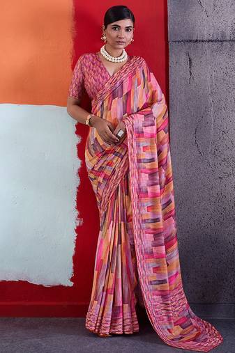 Pink color smart cotton crepe fabric beautiful designer printed saree