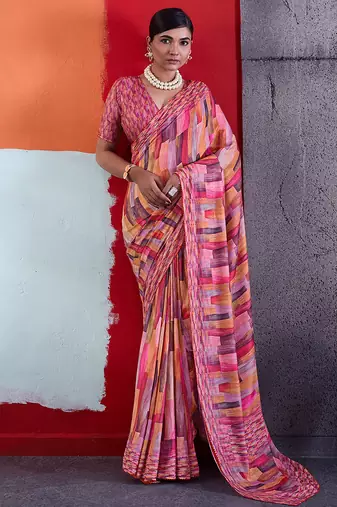 Pink color smart cotton crepe fabric beautiful designer printed saree