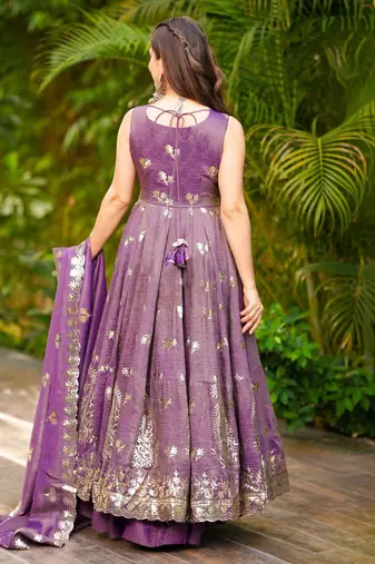 women's crunchy silk sequins embroidered anarkali kurta palazzo with dupatta set