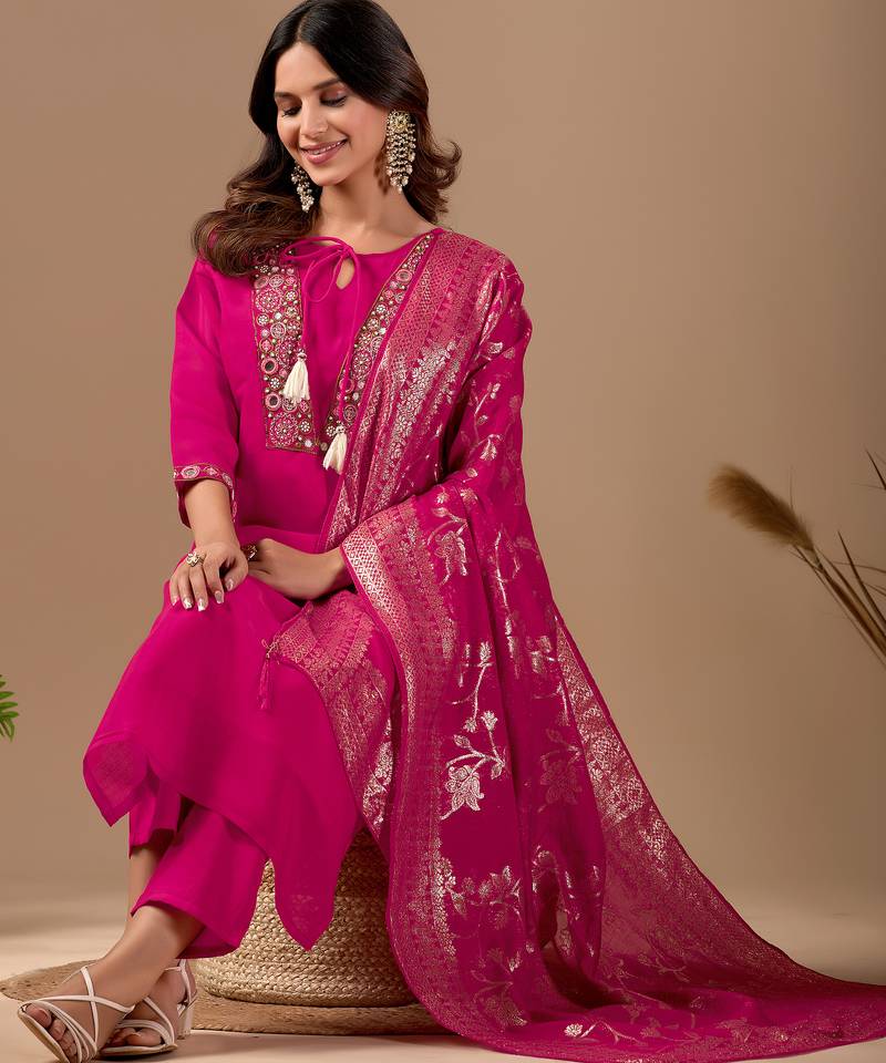 Pink embroidered mul chanderi kurta pant set with banarasi jacquard dupatta