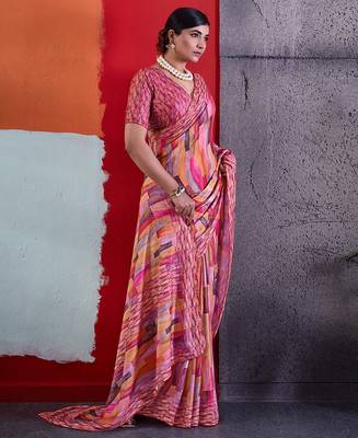 Pink color smart cotton crepe fabric beautiful designer printed saree 4
