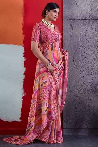 Pink color smart cotton crepe fabric beautiful designer printed saree