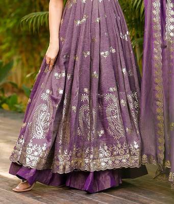 women's crunchy silk sequins embroidered anarkali kurta palazzo with dupatta set 5