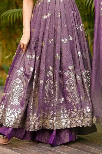 women's crunchy silk sequins embroidered anarkali kurta palazzo with dupatta set