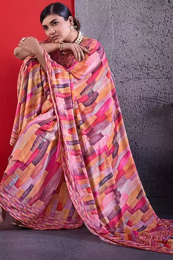 Pink color smart cotton crepe fabric beautiful designer printed saree