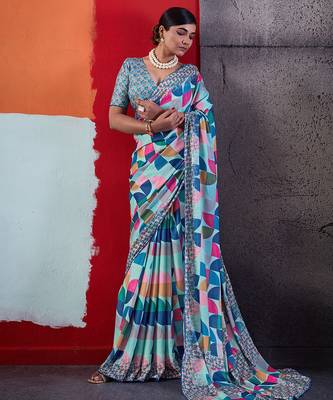 Blue color smart cotton crepe fabric beautiful designer printed saree 1