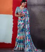 Blue color smart cotton crepe fabric beautiful designer printed saree
