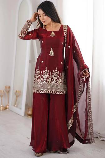 women's shimmer silk sequins embroidered kurta palazzo with dupatta set