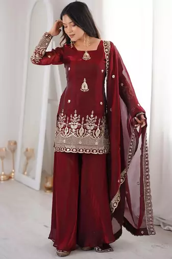 women's shimmer silk sequins embroidered kurta palazzo with dupatta set