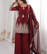 women's shimmer silk sequins embroidered kurta palazzo with dupatta set