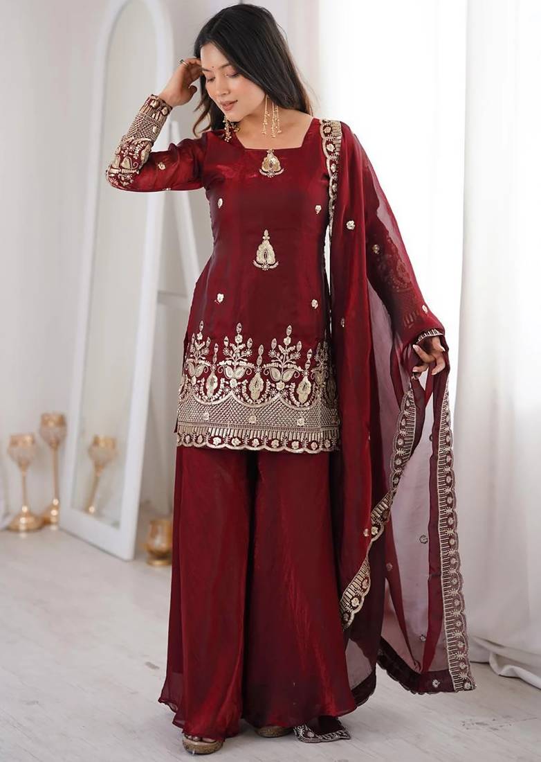 women's shimmer silk sequins embroidered kurta palazzo with dupatta set