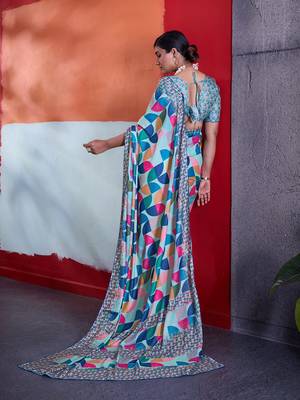 Blue color smart cotton crepe fabric beautiful designer printed saree 2