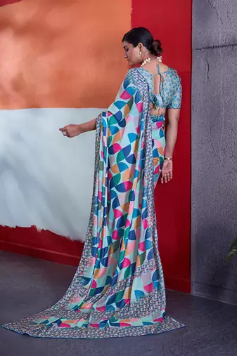 Blue color smart cotton crepe fabric beautiful designer printed saree