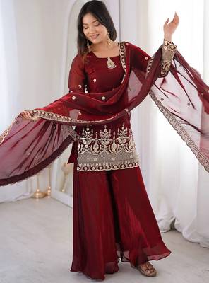 women's shimmer silk sequins embroidered kurta palazzo with dupatta set 2