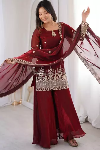women's shimmer silk sequins embroidered kurta palazzo with dupatta set