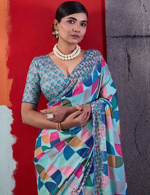 Blue color smart cotton crepe fabric beautiful designer printed saree 3