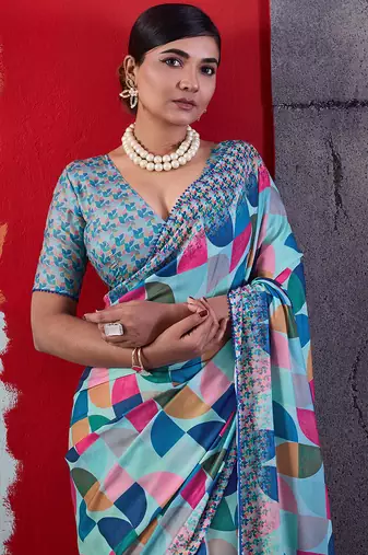 Blue color smart cotton crepe fabric beautiful designer printed saree