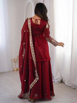 women's shimmer silk sequins embroidered kurta palazzo with dupatta set 3
