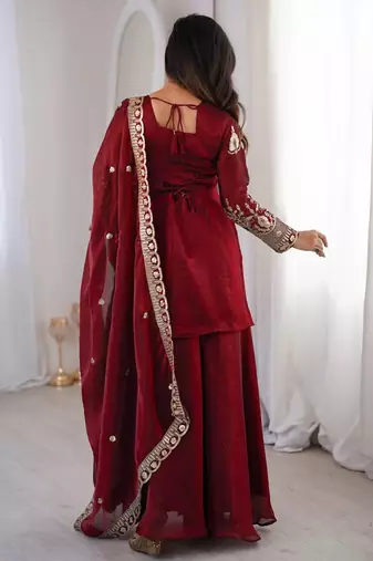 women's shimmer silk sequins embroidered kurta palazzo with dupatta set