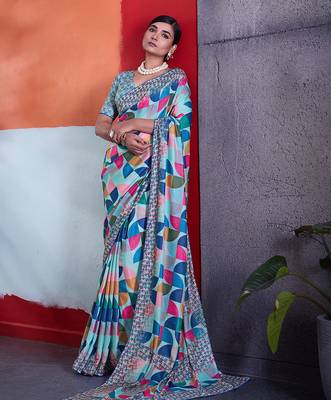 Blue color smart cotton crepe fabric beautiful designer printed saree 4