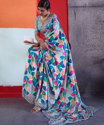 Blue color smart cotton crepe fabric beautiful designer printed saree 5