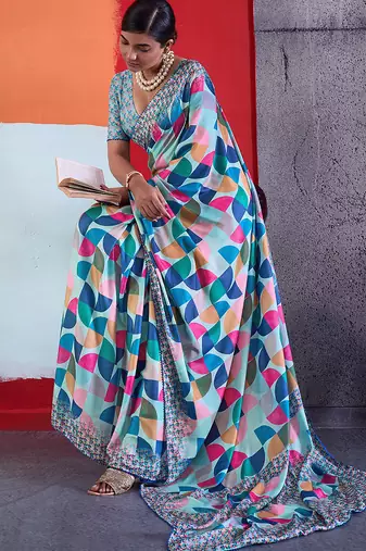 Blue color smart cotton crepe fabric beautiful designer printed saree