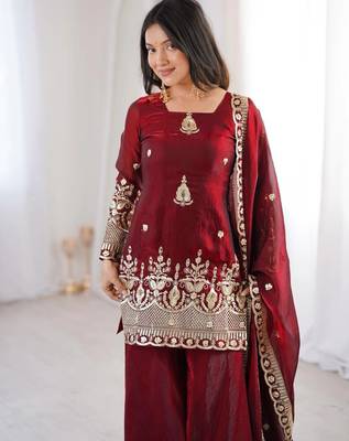 women's shimmer silk sequins embroidered kurta palazzo with dupatta set 4