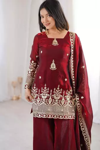 women's shimmer silk sequins embroidered kurta palazzo with dupatta set