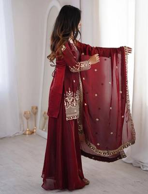 women's shimmer silk sequins embroidered kurta palazzo with dupatta set 5
