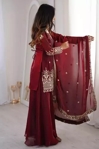 women's shimmer silk sequins embroidered kurta palazzo with dupatta set