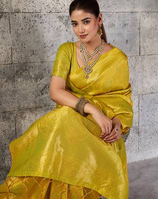 Mustard color rich sophisticated kanjivaram blend silk saree 3