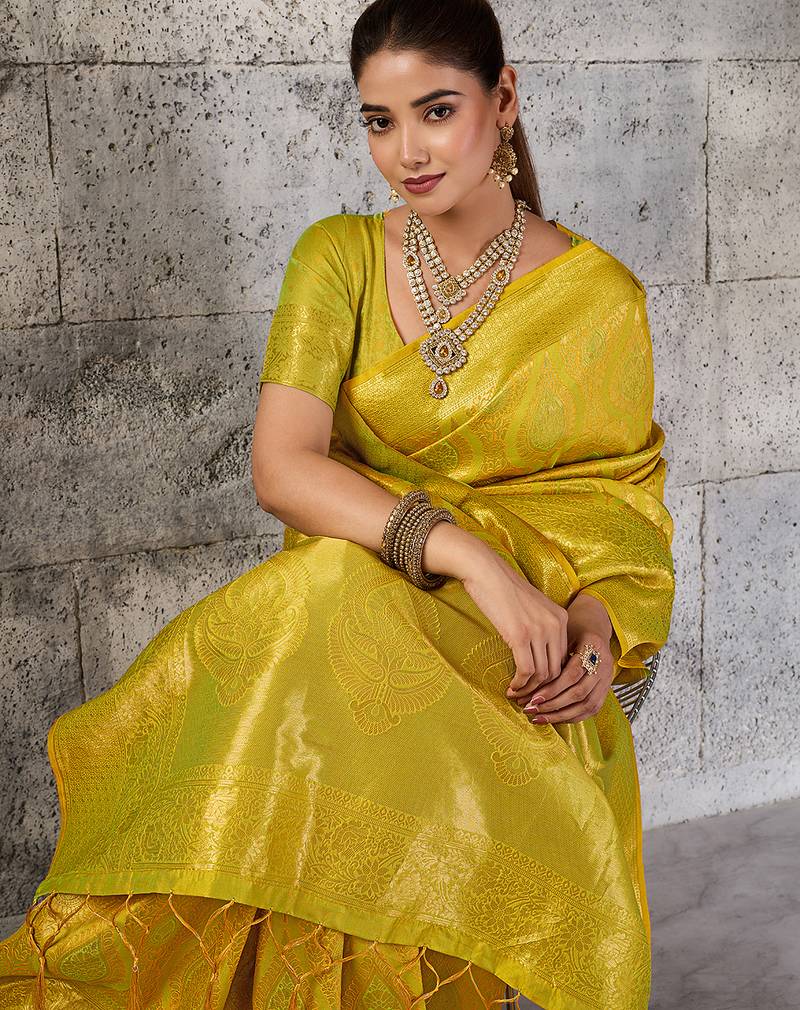 Mustard color rich sophisticated kanjivaram blend silk saree