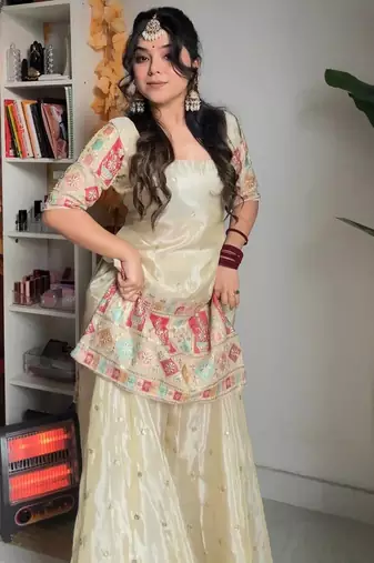 women's  silk ethnic motiff embroidered kurta palazzo with dupatta set