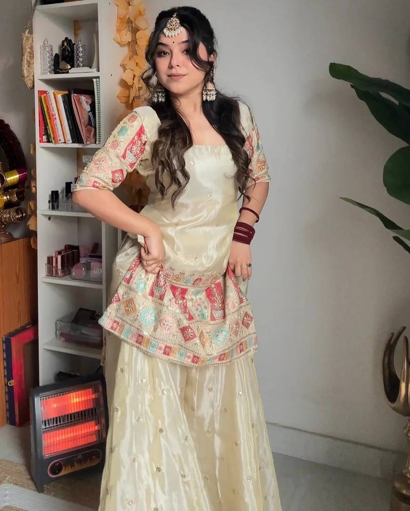 women's  silk ethnic motiff embroidered kurta palazzo with dupatta set