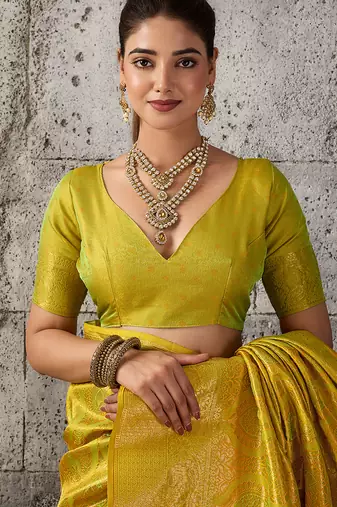 Mustard color rich sophisticated kanjivaram blend silk saree