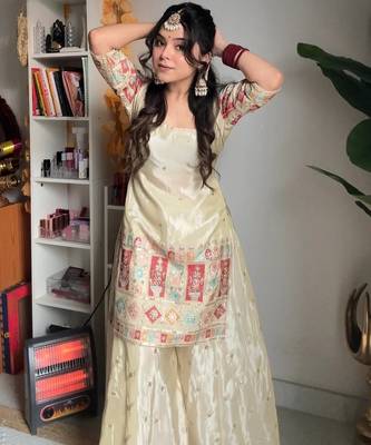 women's  silk ethnic motiff embroidered kurta palazzo with dupatta set 4