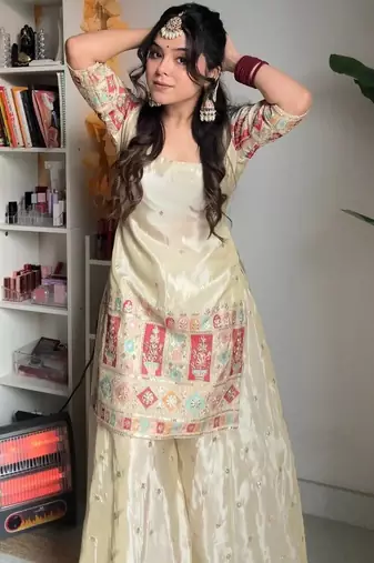 women's  silk ethnic motiff embroidered kurta palazzo with dupatta set