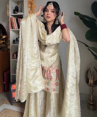 women's  silk ethnic motiff embroidered kurta palazzo with dupatta set 5