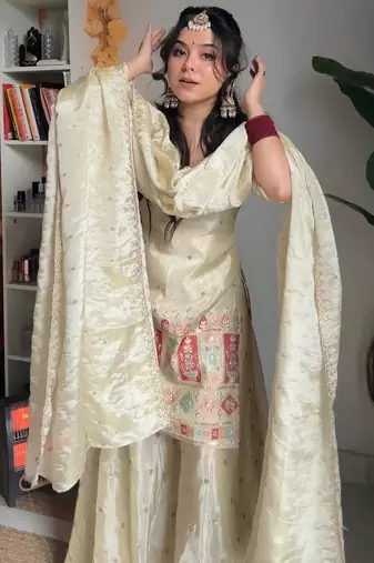 women's  silk ethnic motiff embroidered kurta palazzo with dupatta set