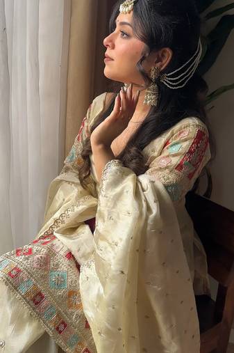 women's  silk ethnic motiff embroidered kurta palazzo with dupatta set