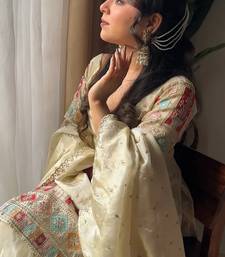 women's  silk ethnic motiff embroidered kurta palazzo with dupatta set