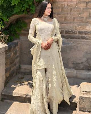 women's  silk sequins embroidered kurta sharara with dupatta set 1