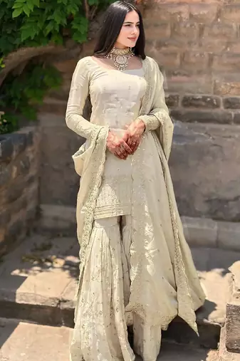 women's  silk sequins embroidered kurta sharara with dupatta set